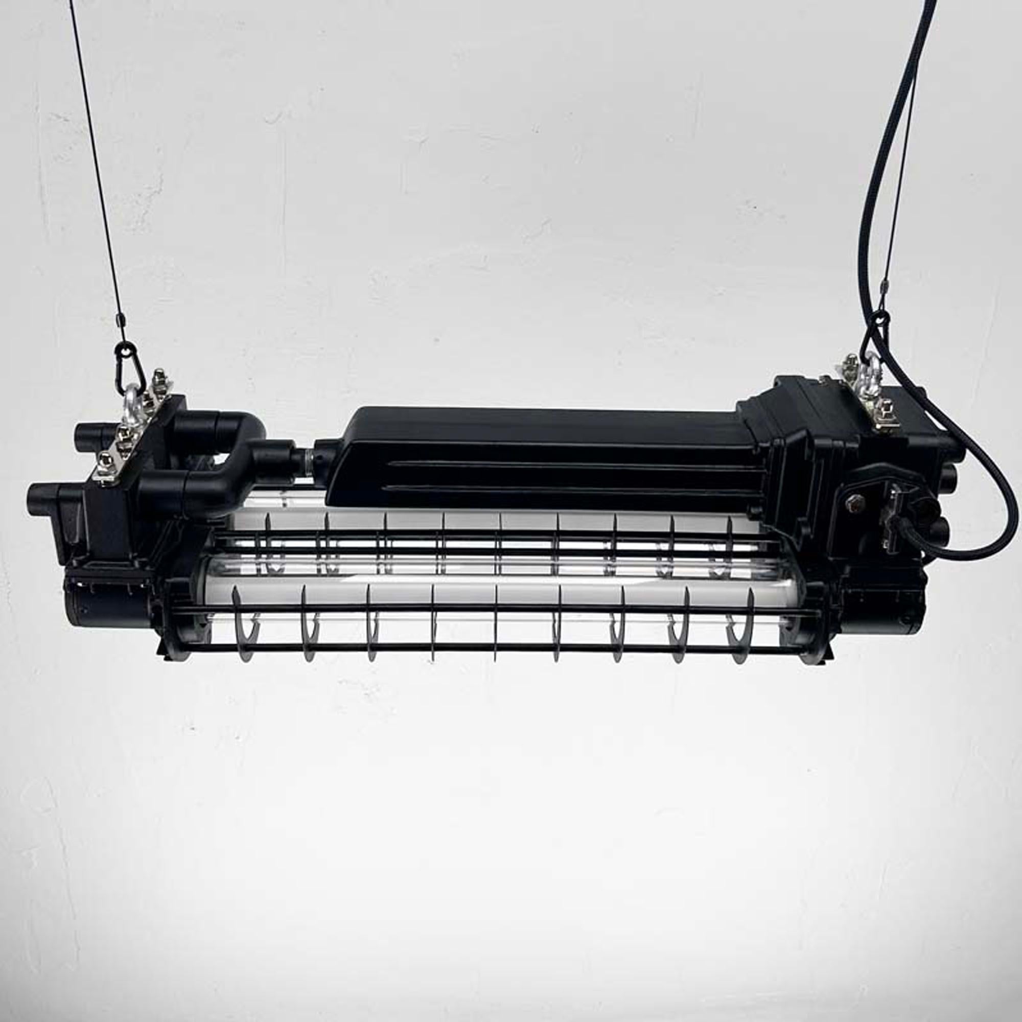 Late 20th Century Late Century Industrial Flameproof Tube Light with Cage - Black & Brass finish For Sale