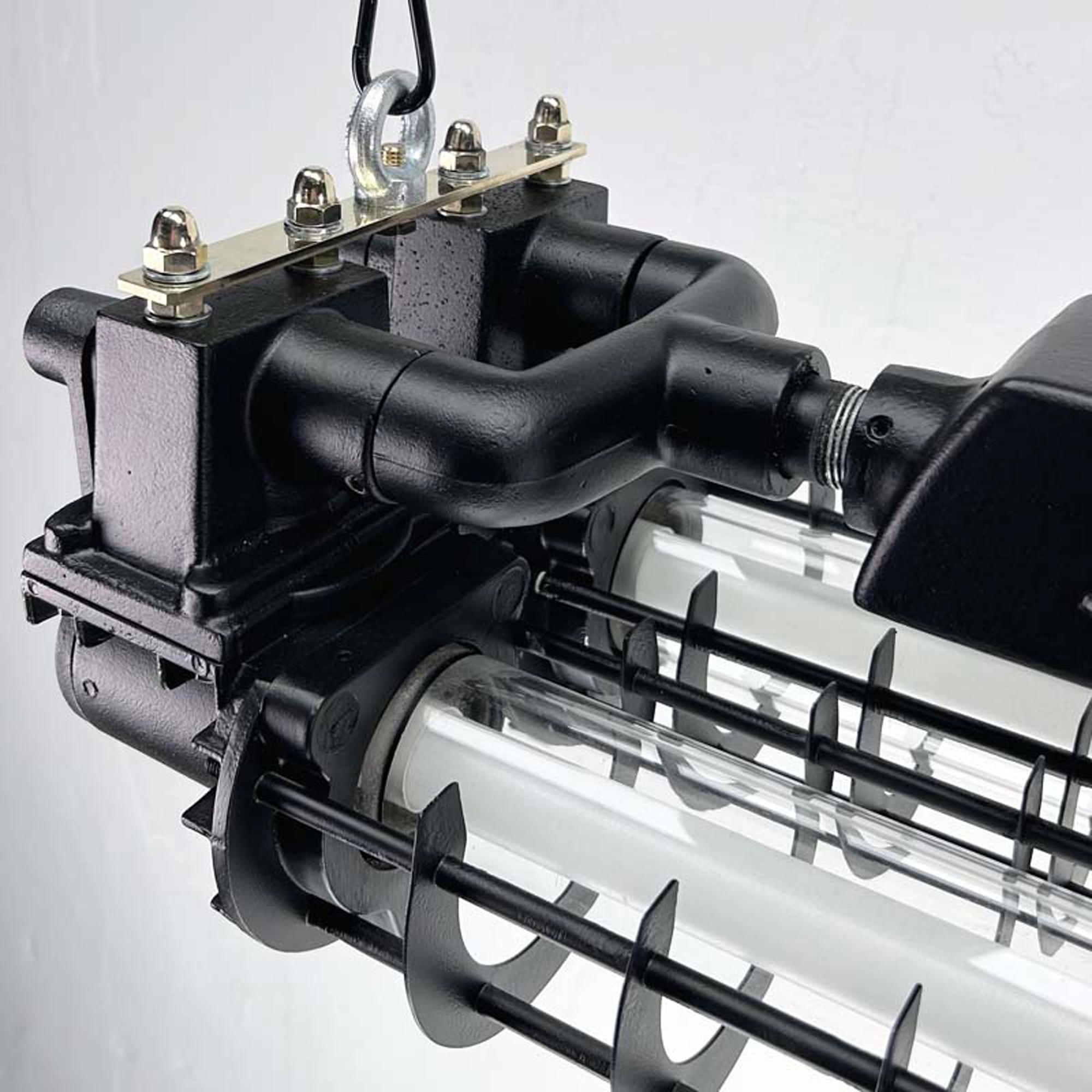 Aluminum Late Century Industrial Flameproof Tube Light with Cage - Black & Brass finish For Sale