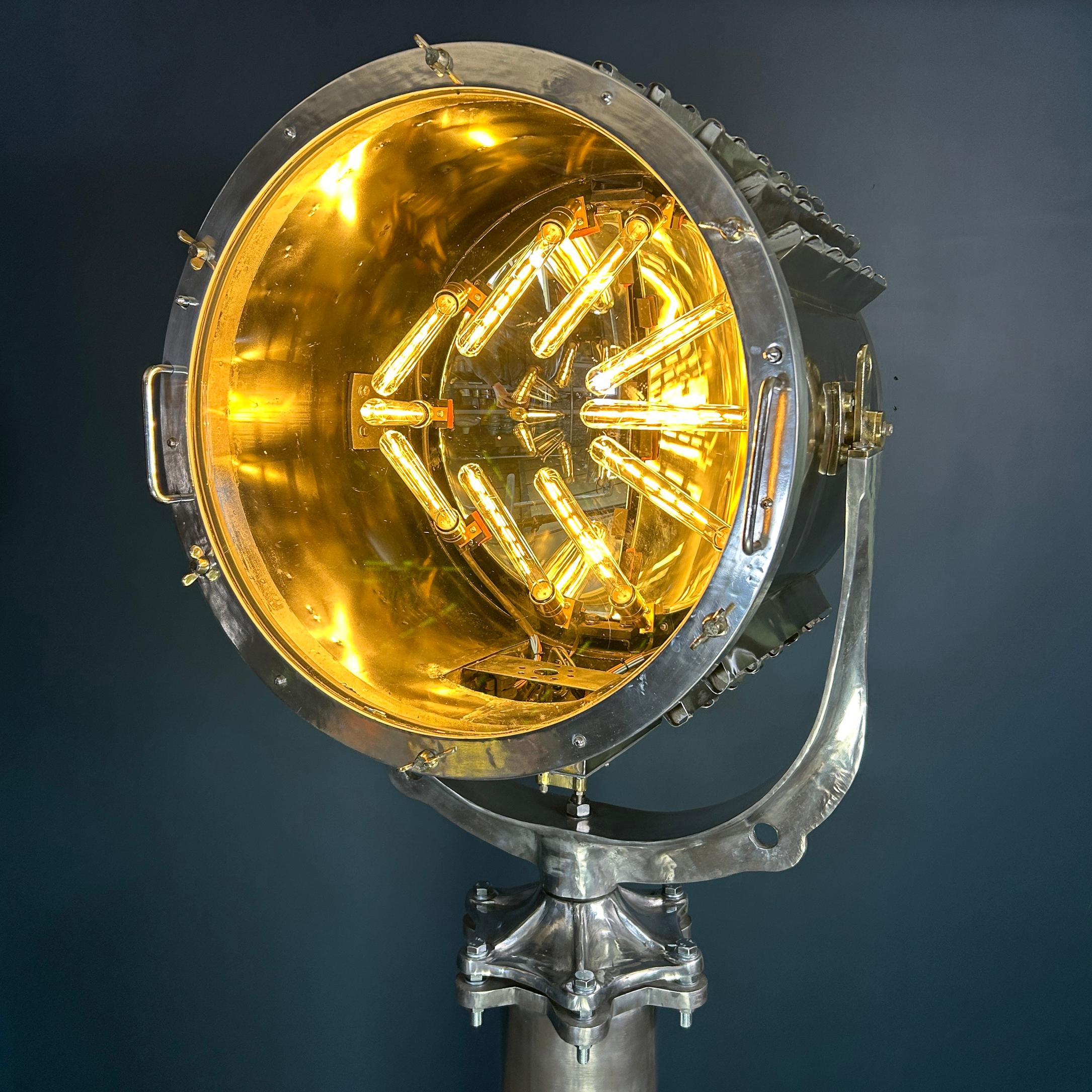 Aluminum Late Century Industrial Stainless Steel Marine Floor Standing Searchlight For Sale