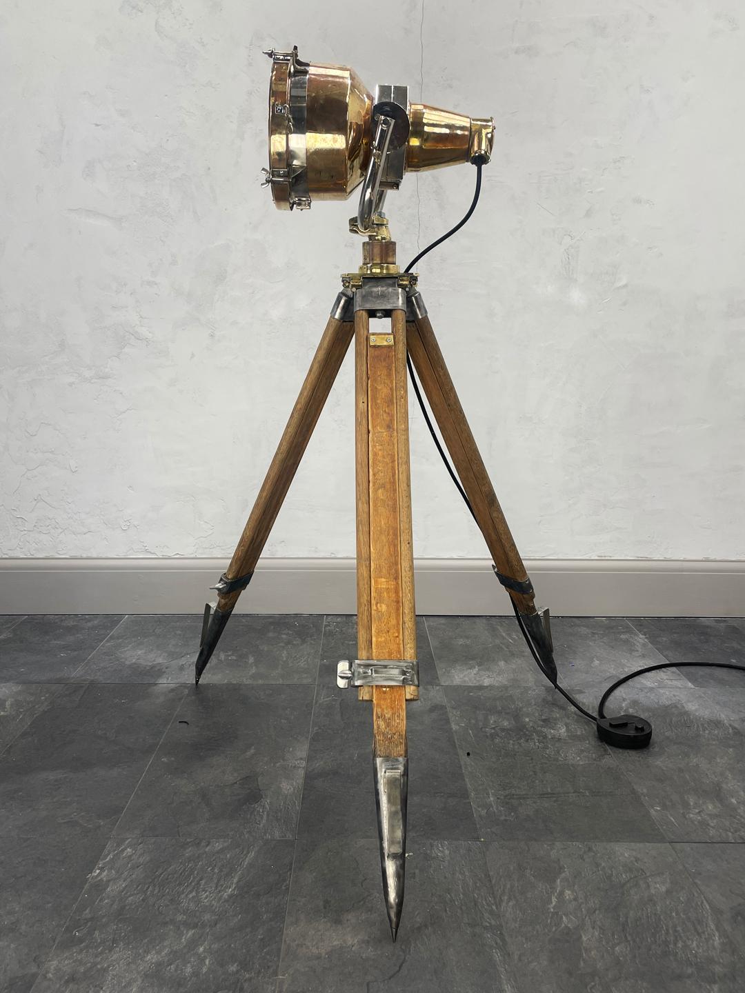 Industrial Late Century Japanese Brass Searchlight & British Wooden Tripod, Floor Lamp For Sale