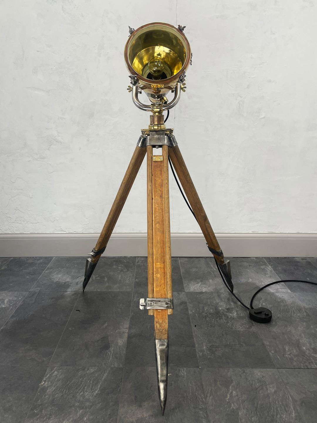 Late 20th Century Late Century Japanese Brass Searchlight & British Wooden Tripod, Floor Lamp For Sale