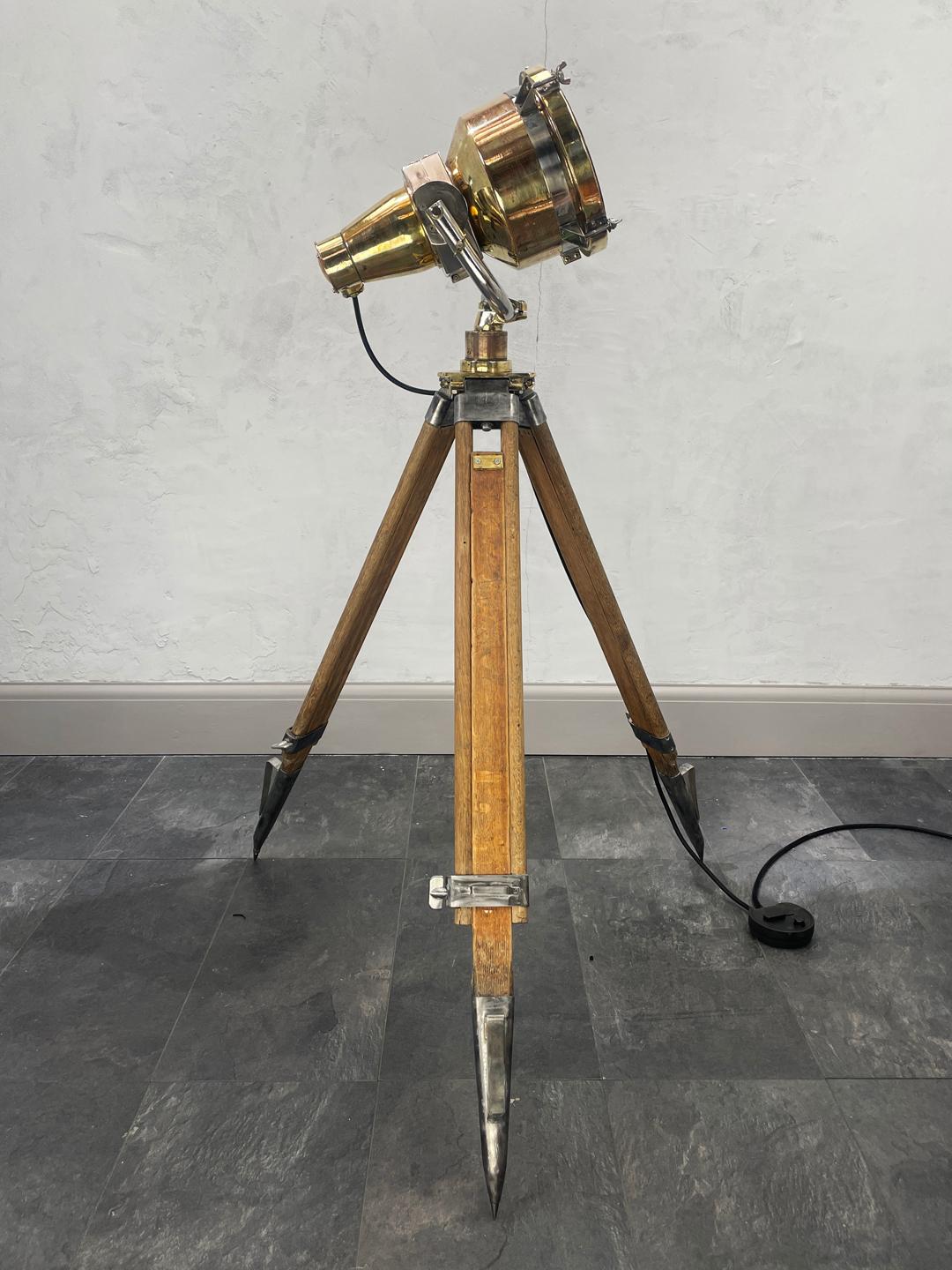 Late Century Japanese Brass Searchlight & British Wooden Tripod, Floor Lamp For Sale 1