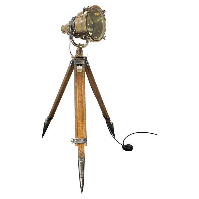 Late Century Japanese Brass Searchlight and British Wooden Tripod, Floor  Lamp For Sale at 1stDibs