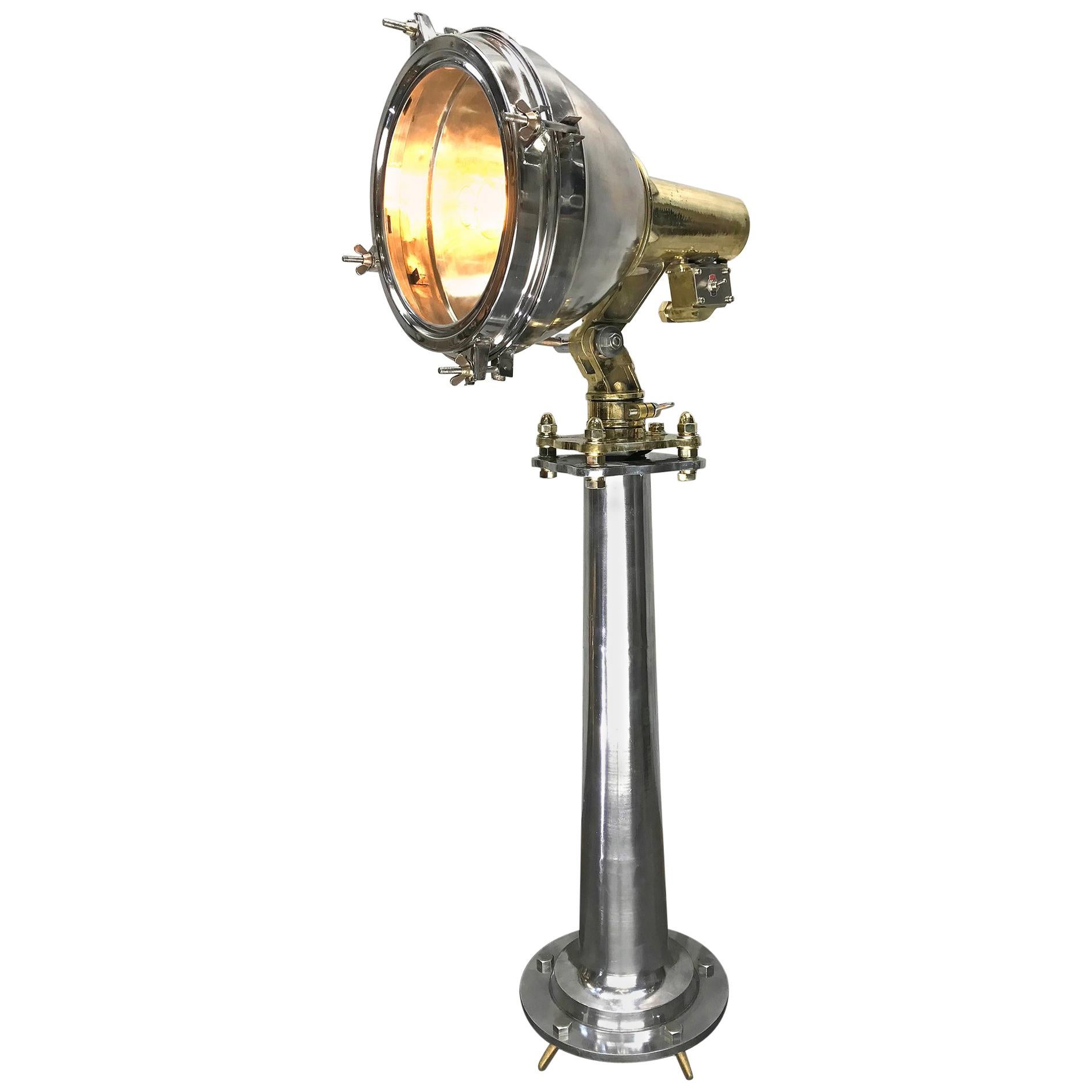 Late Century Japanese Industrial Brass 
Stainless Steel Searchlight Floor Lamp