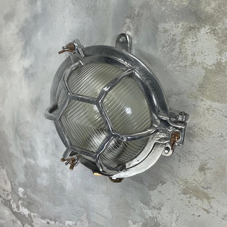 Late Century Japanese Industrial Cast Aluminium & Reed Glass Circular Wall Light For Sale 6