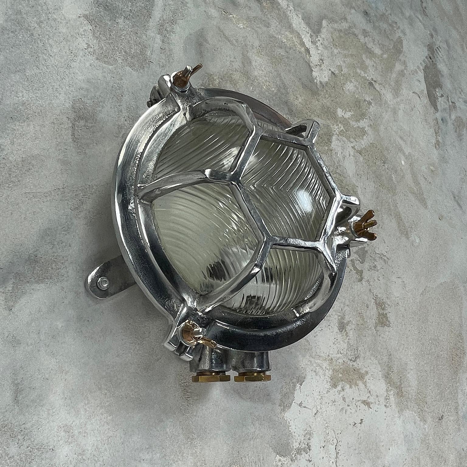Late Century Japanese Industrial Cast Aluminium & Reed Glass Circular Wall Light 10