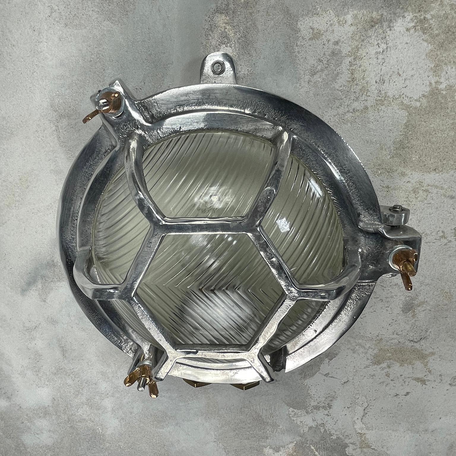 Late Century Japanese Industrial Cast Aluminium & Reed Glass Circular Wall Light 11