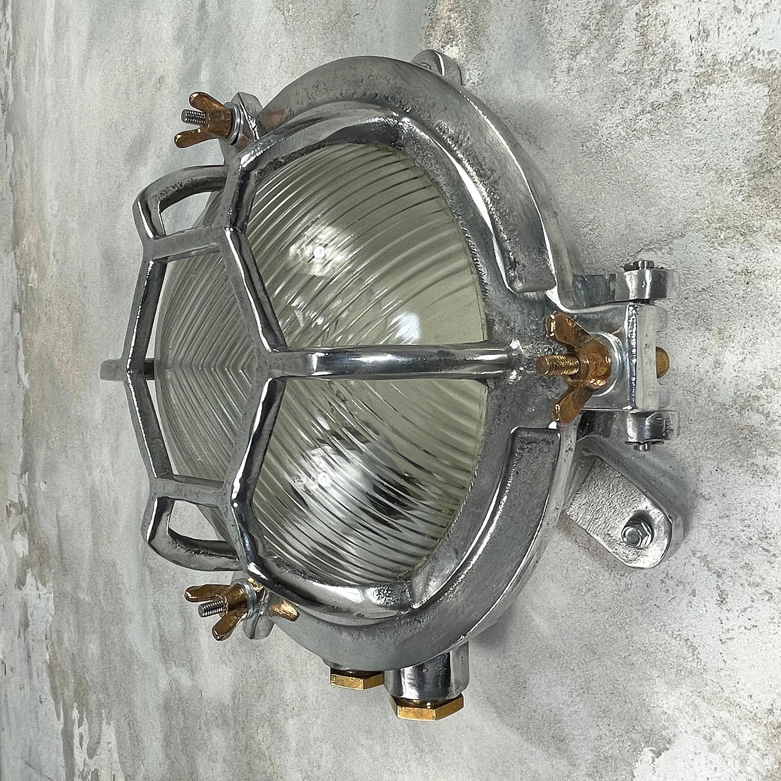 Late Century Japanese Industrial Cast Aluminium & Reed Glass Circular Wall Light 1