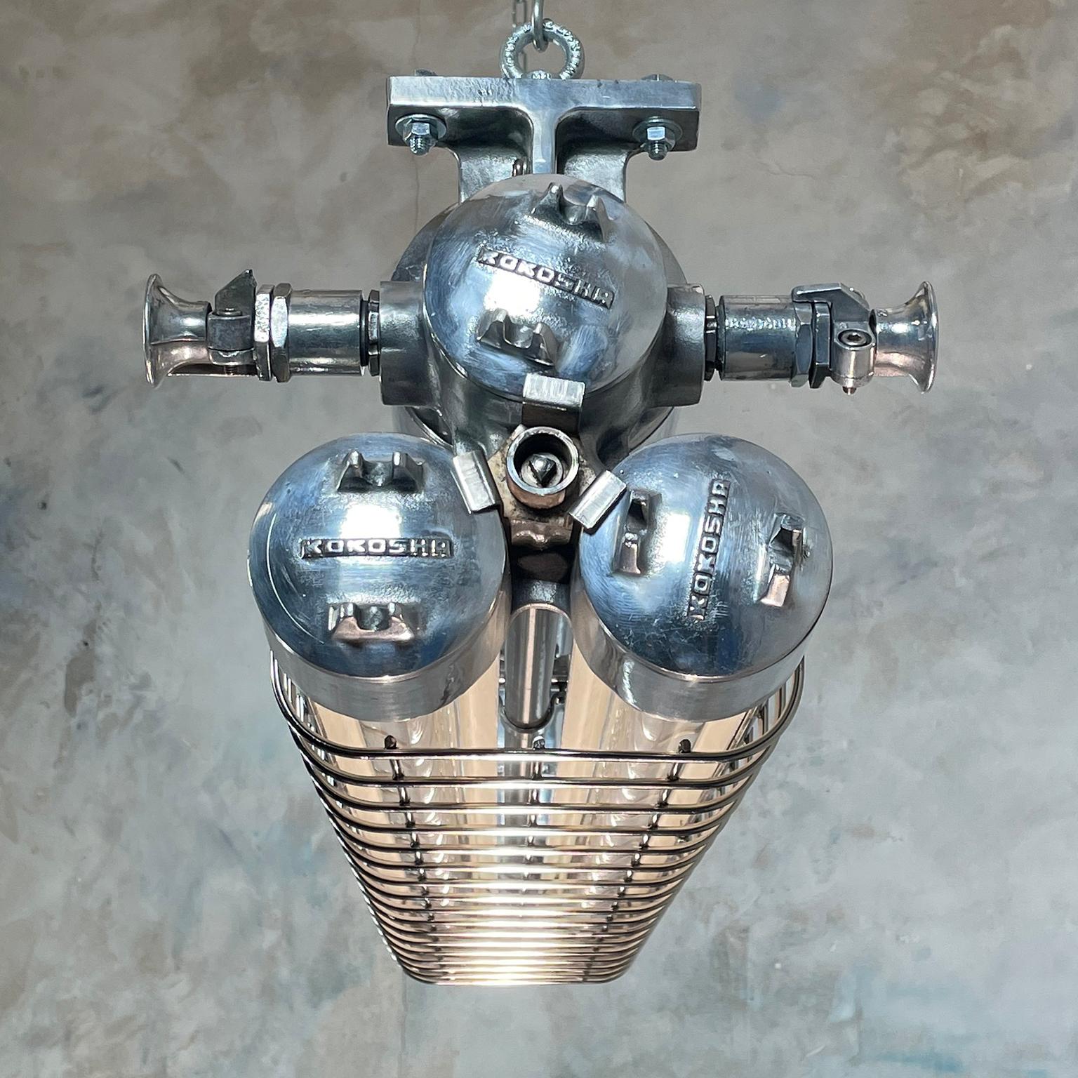 Late Century Japanese Industrial Cast Aluminum Strip Light with Chrome Cage 4