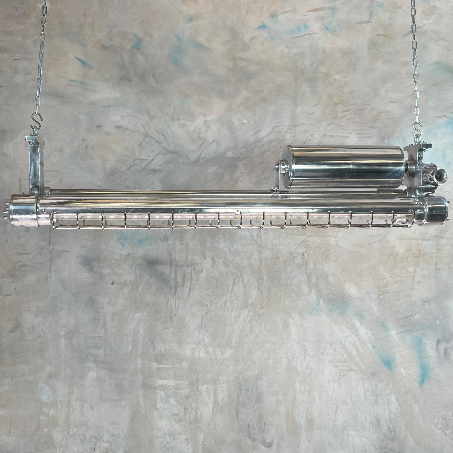 Late 20th Century Late Century Japanese Industrial Cast Aluminum Strip Light with Chrome Cage