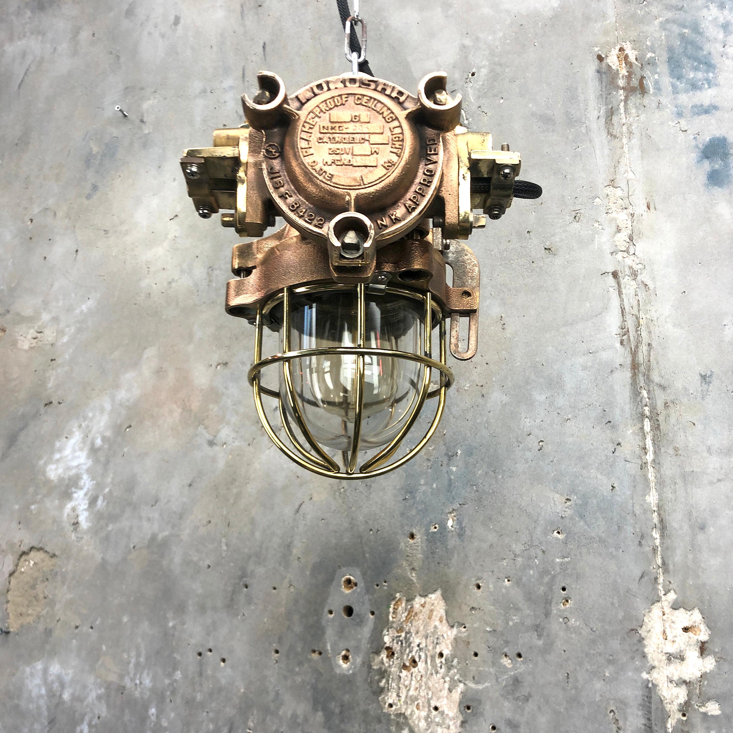 Late Century Japanese Industrial Flameproof Cast Bronze and Glass Cage Pandant For Sale 8