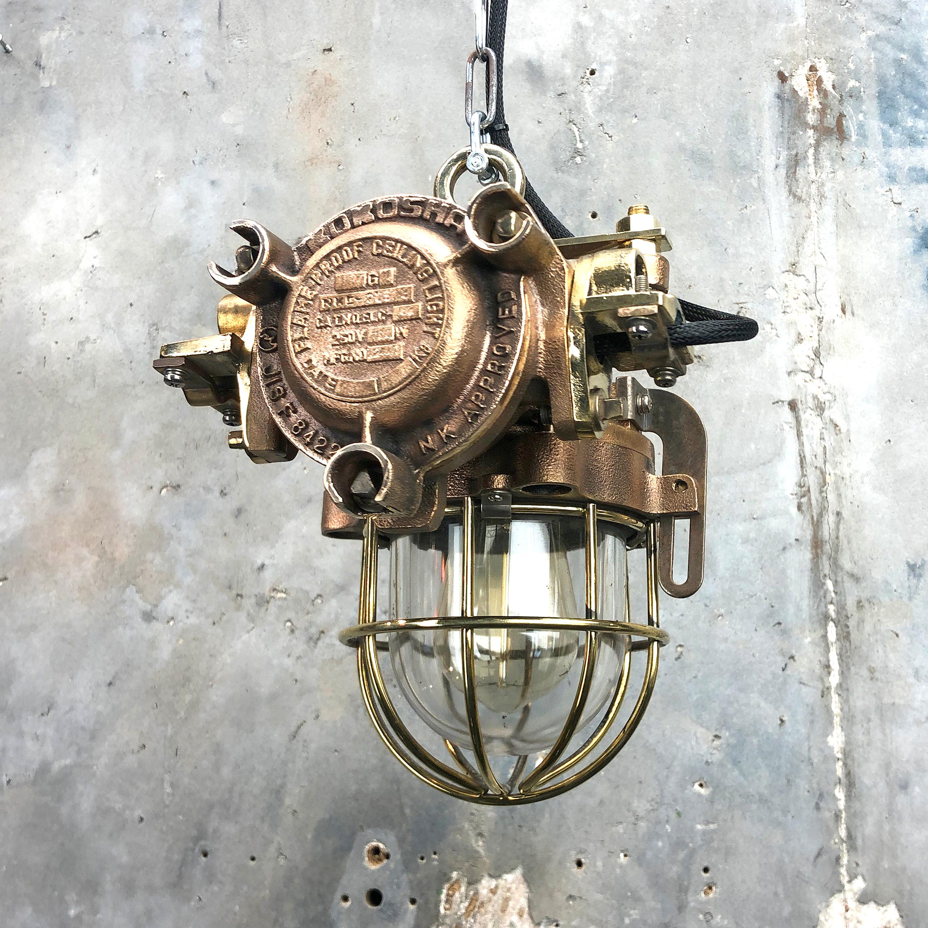 Late Century Japanese Industrial Flameproof Cast Bronze and Glass Cage Pandant For Sale 10