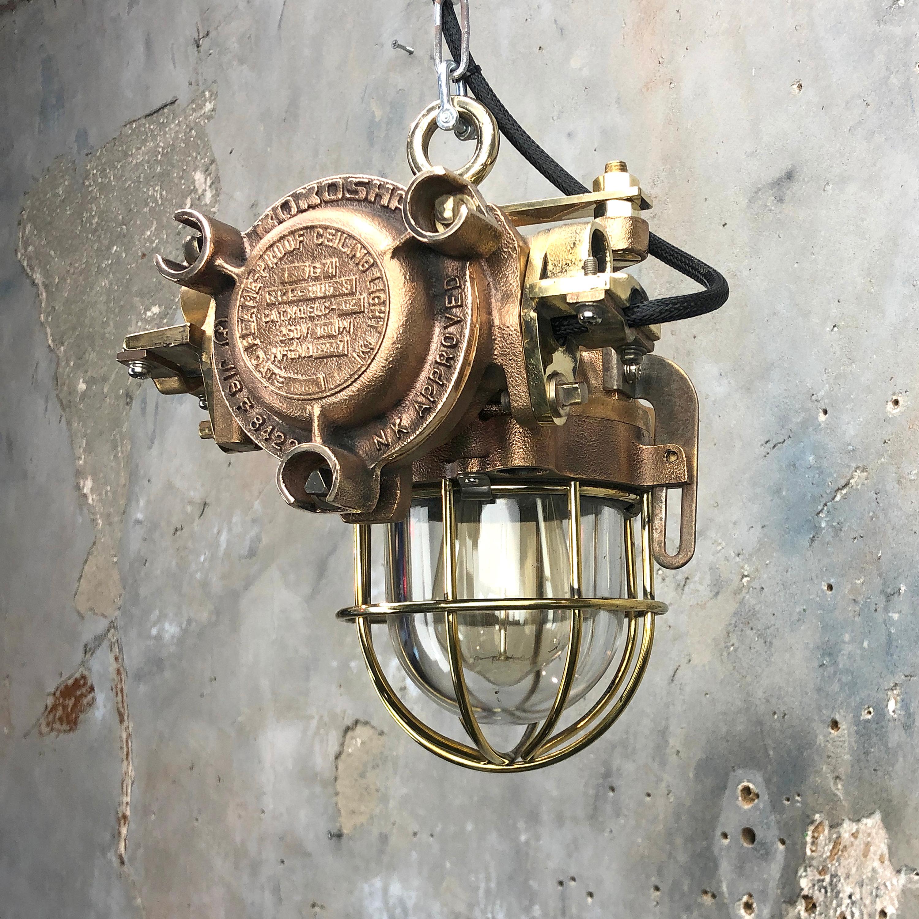 Late Century Japanese Industrial Flameproof Cast Bronze and Glass Cage Pandant For Sale 11
