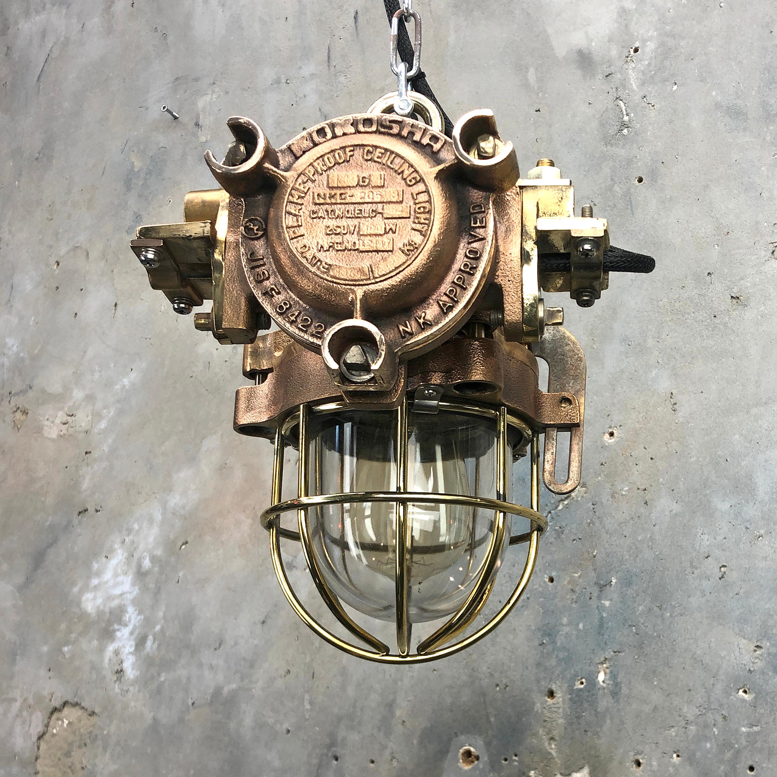 Late Century Japanese Industrial Flameproof Cast Bronze and Glass Cage Pandant For Sale 13