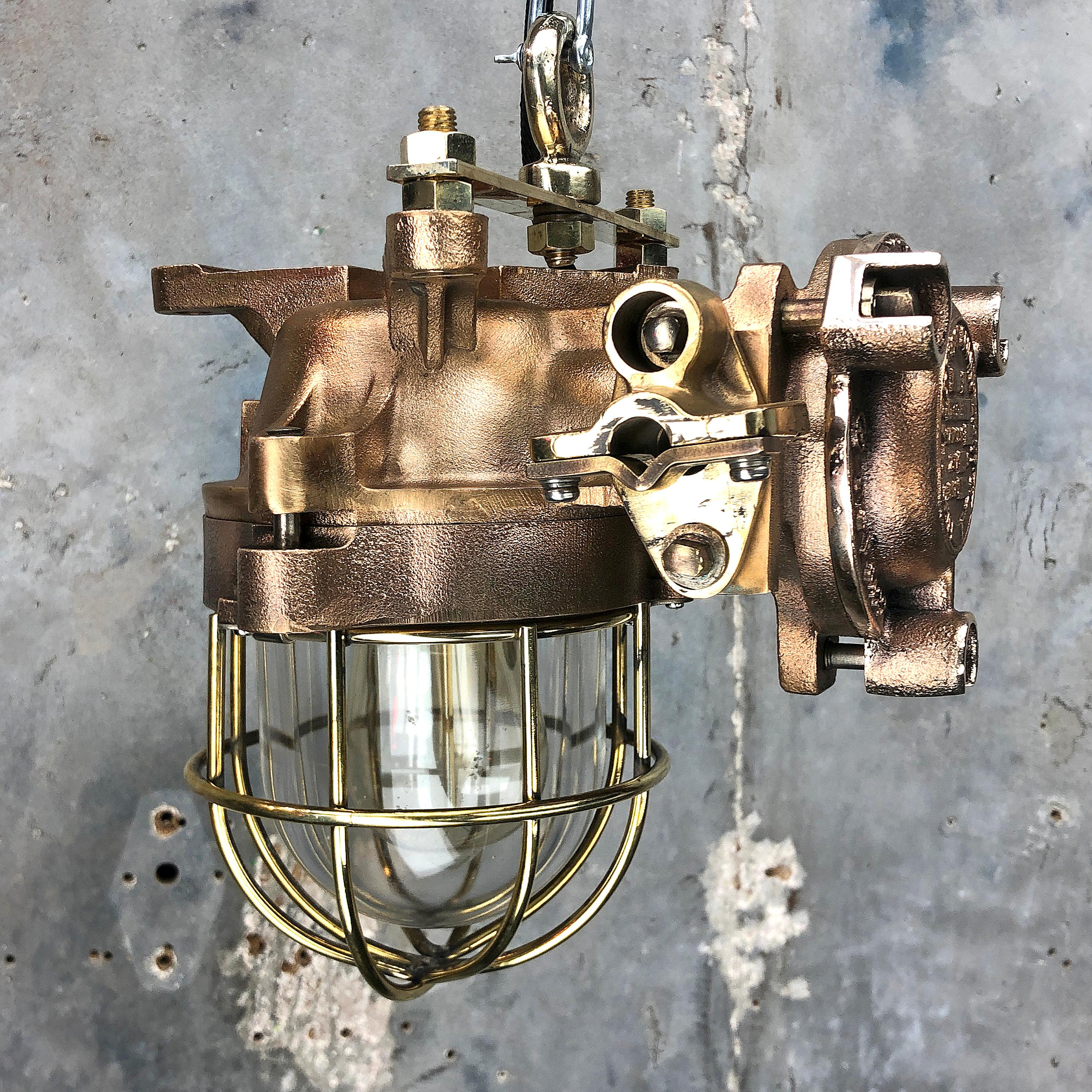 Brass Late Century Japanese Industrial Flameproof Cast Bronze and Glass Cage Pandant For Sale
