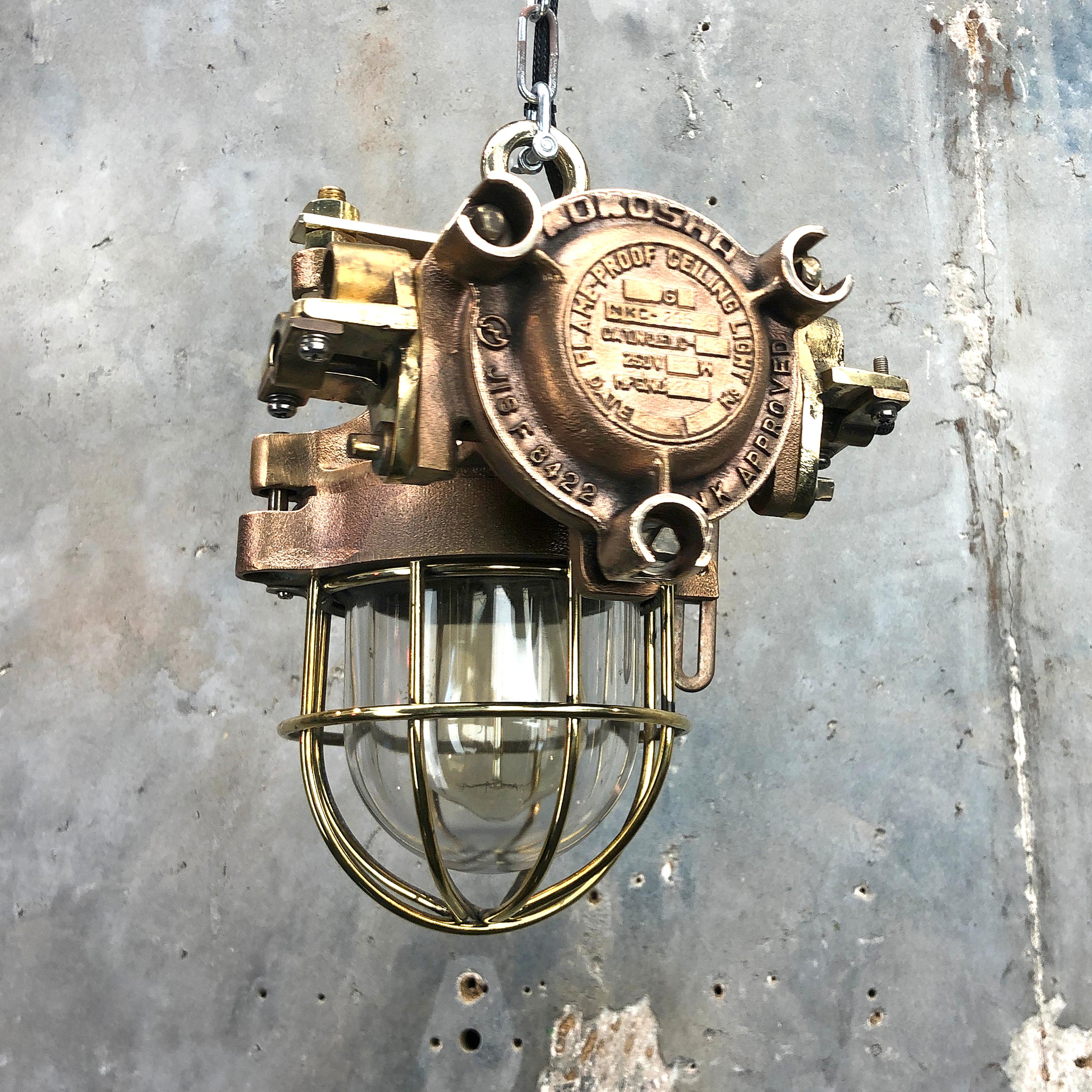 Late Century Japanese Industrial Flameproof Cast Bronze and Glass Cage Pandant For Sale 3