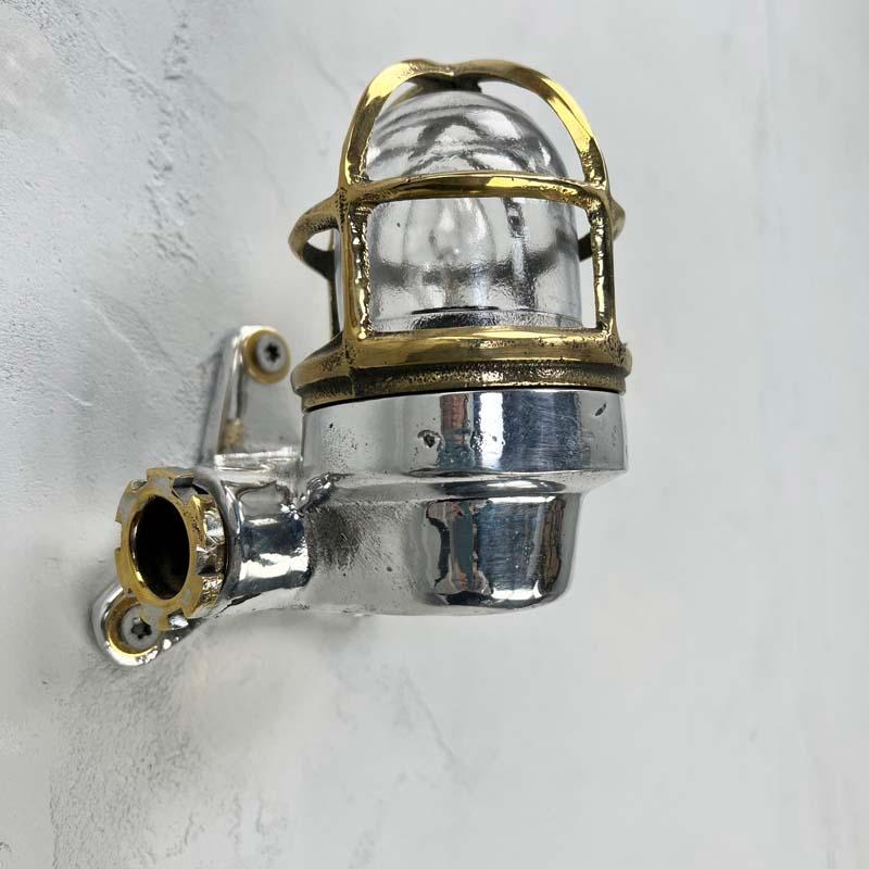 Small Late Century Japanese Industrial Aluminium & Brass Cage 90° Wall Light For Sale 2