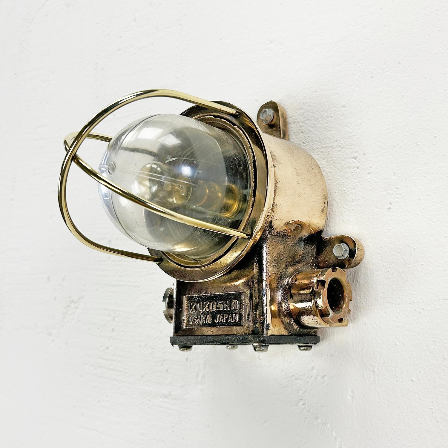 Late Century Japanese Small Cast Bronze Wall Lamp With Brass Cage & Acrylic Dome For Sale 4