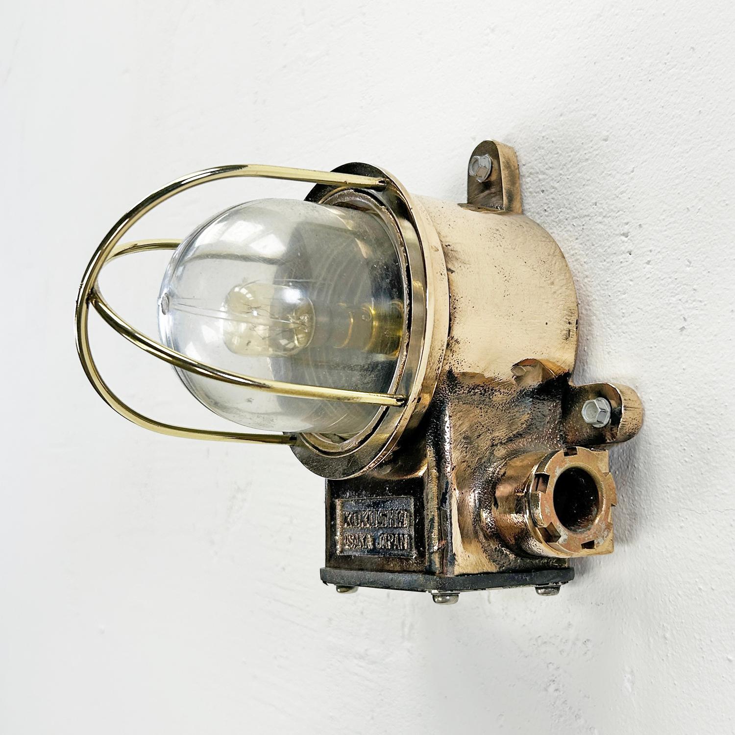 Late Century Japanese Small Cast Bronze Wall Lamp With Brass Cage & Acrylic Dome For Sale 5