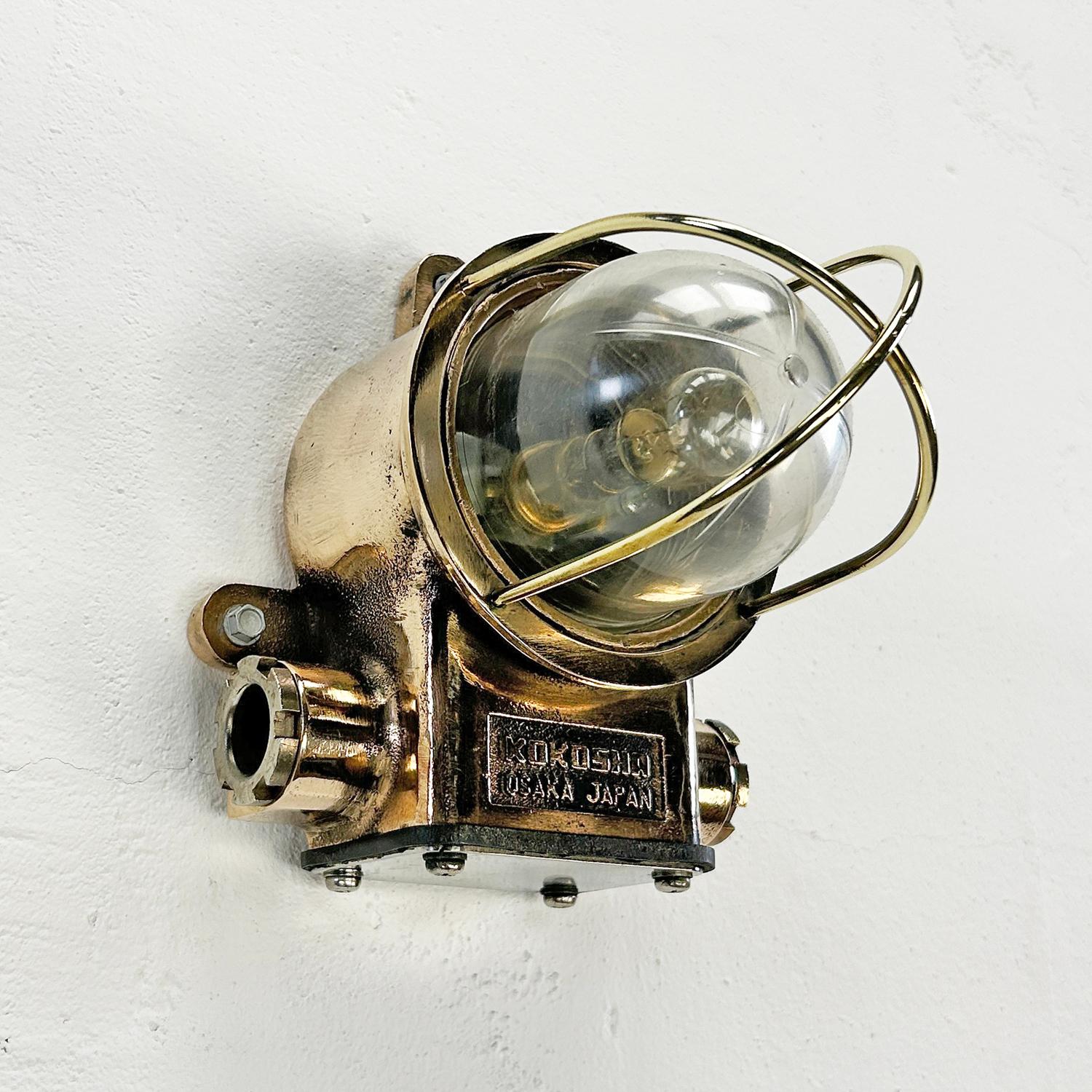 Late Century Japanese Small Cast Bronze Wall Lamp With Brass Cage & Acrylic Dome For Sale 6