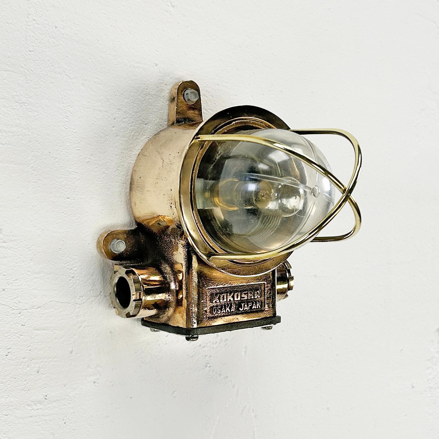 Late Century Japanese Small Cast Bronze Wall Lamp With Brass Cage & Acrylic Dome For Sale 7