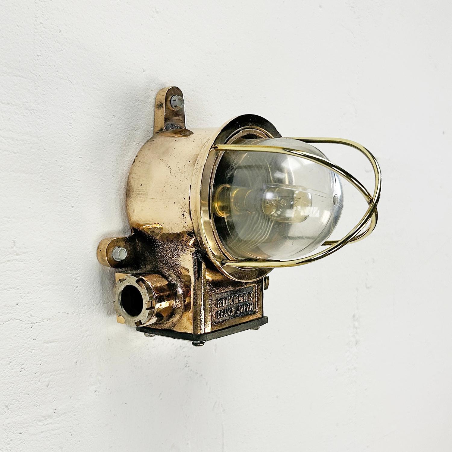 Late Century Japanese Small Cast Bronze Wall Lamp With Brass Cage & Acrylic Dome For Sale 8