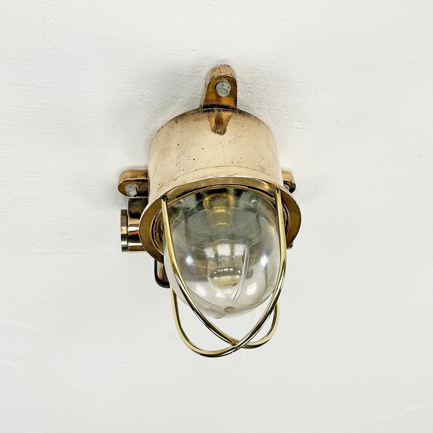 Late Century Japanese Small Cast Bronze Wall Lamp With Brass Cage & Acrylic Dome For Sale 9