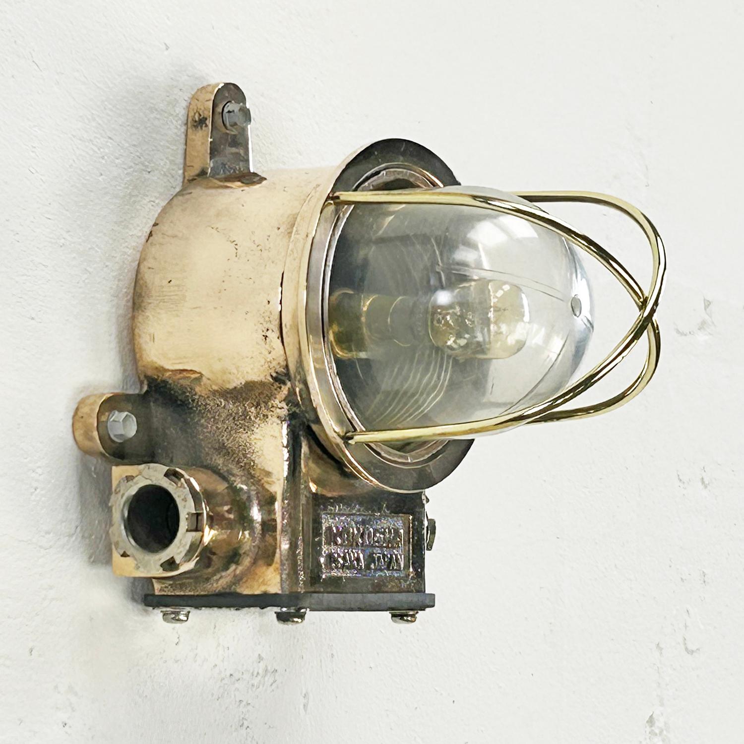 Late 20th Century Late Century Japanese Small Cast Bronze Wall Lamp With Brass Cage & Acrylic Dome For Sale