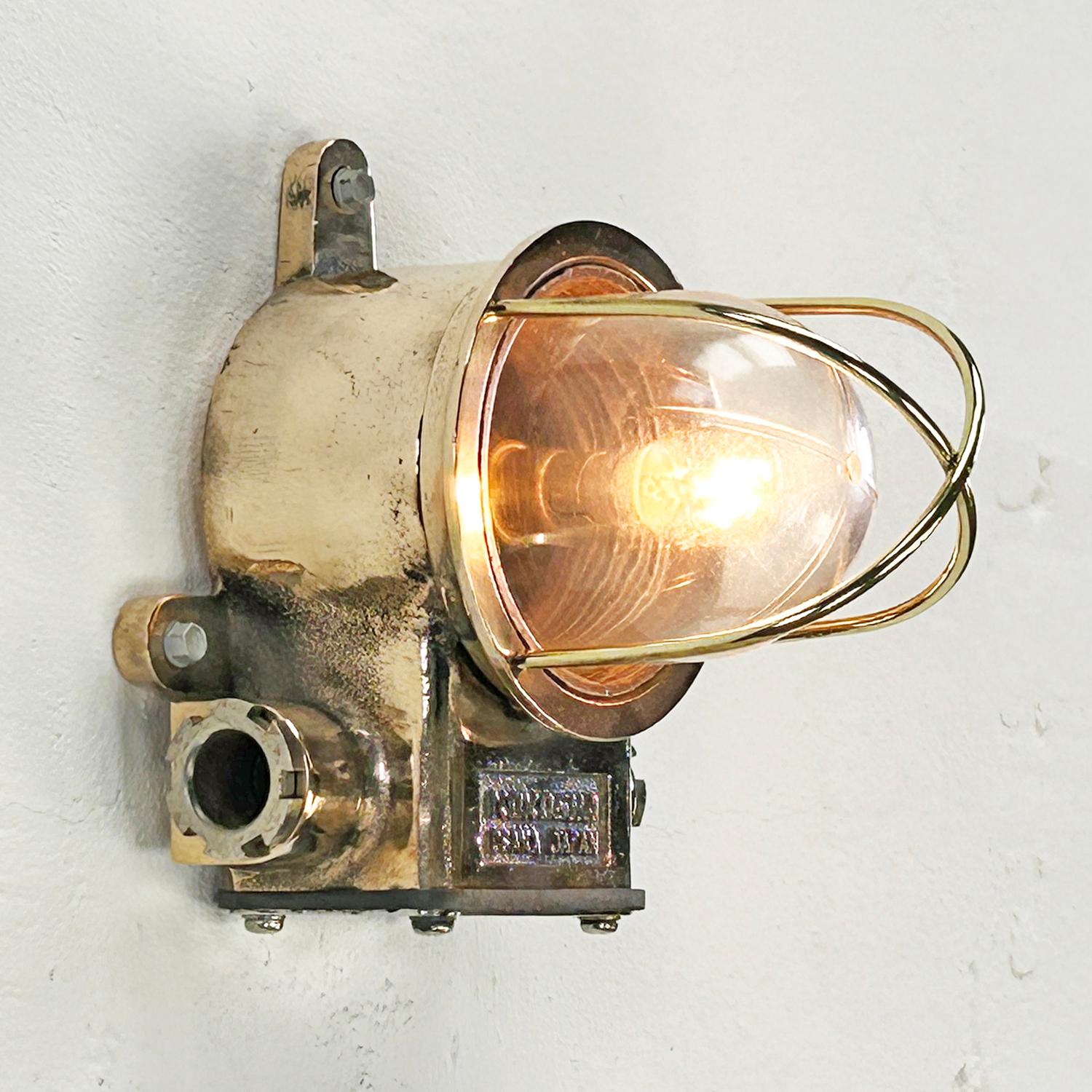 Late Century Japanese Small Cast Bronze Wall Lamp With Brass Cage & Acrylic Dome For Sale 1