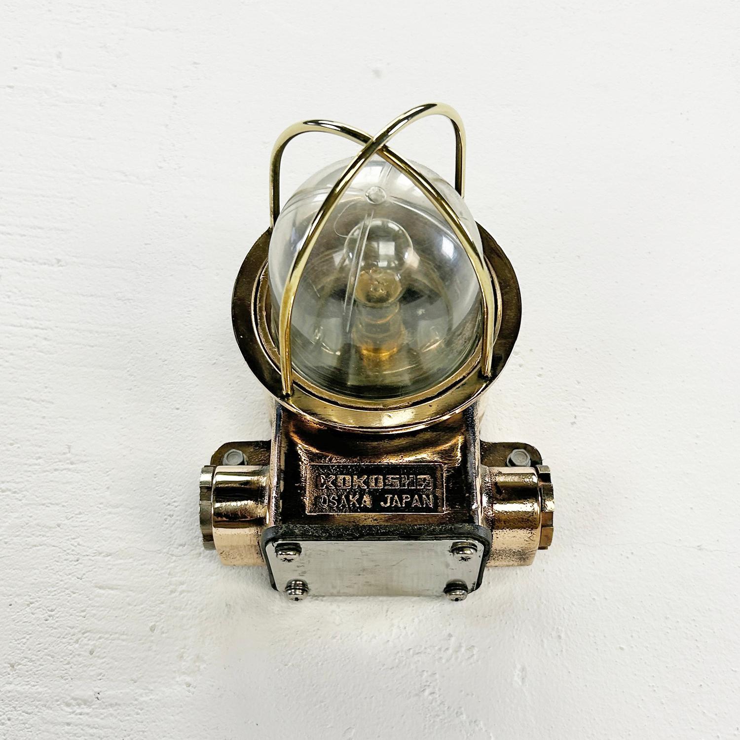Late Century Japanese Small Cast Bronze Wall Lamp With Brass Cage & Acrylic Dome For Sale 3