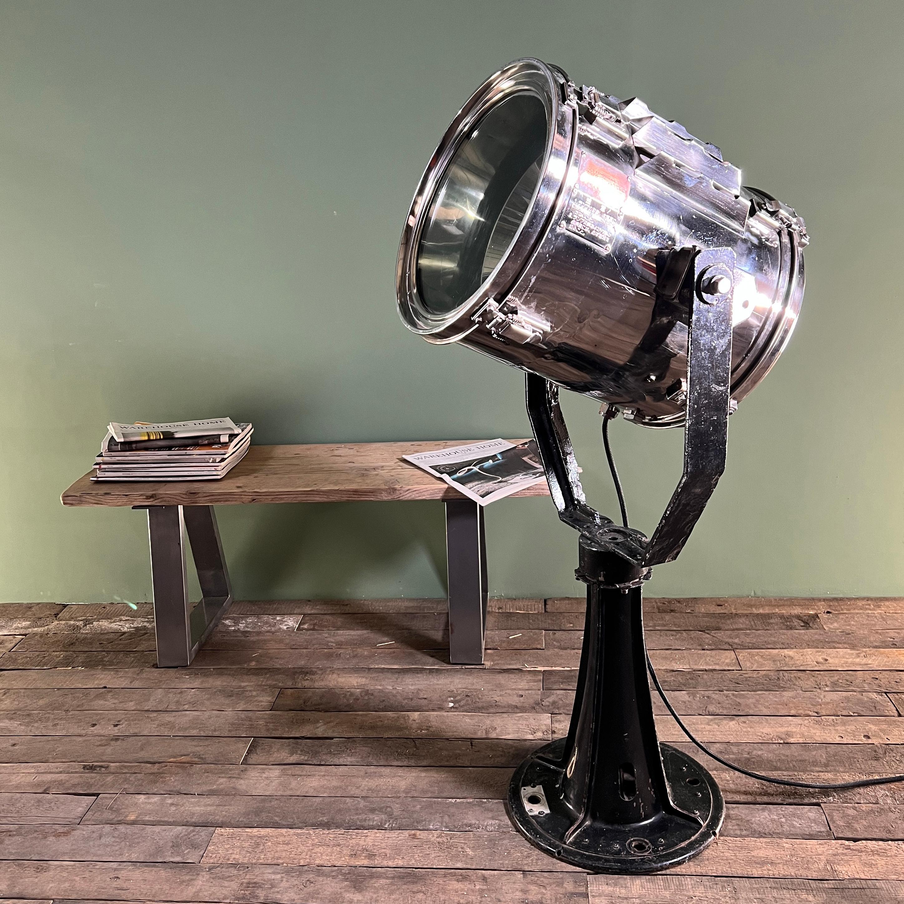 This industrial floor lamp is a vintage marine searchlight reclaimed from decommissioned ships of Japanese origin. Professionally restored and ready to add interest to any modern interior. 

Specifications
Height: 115cm
Diameter: 40cm
Depth: