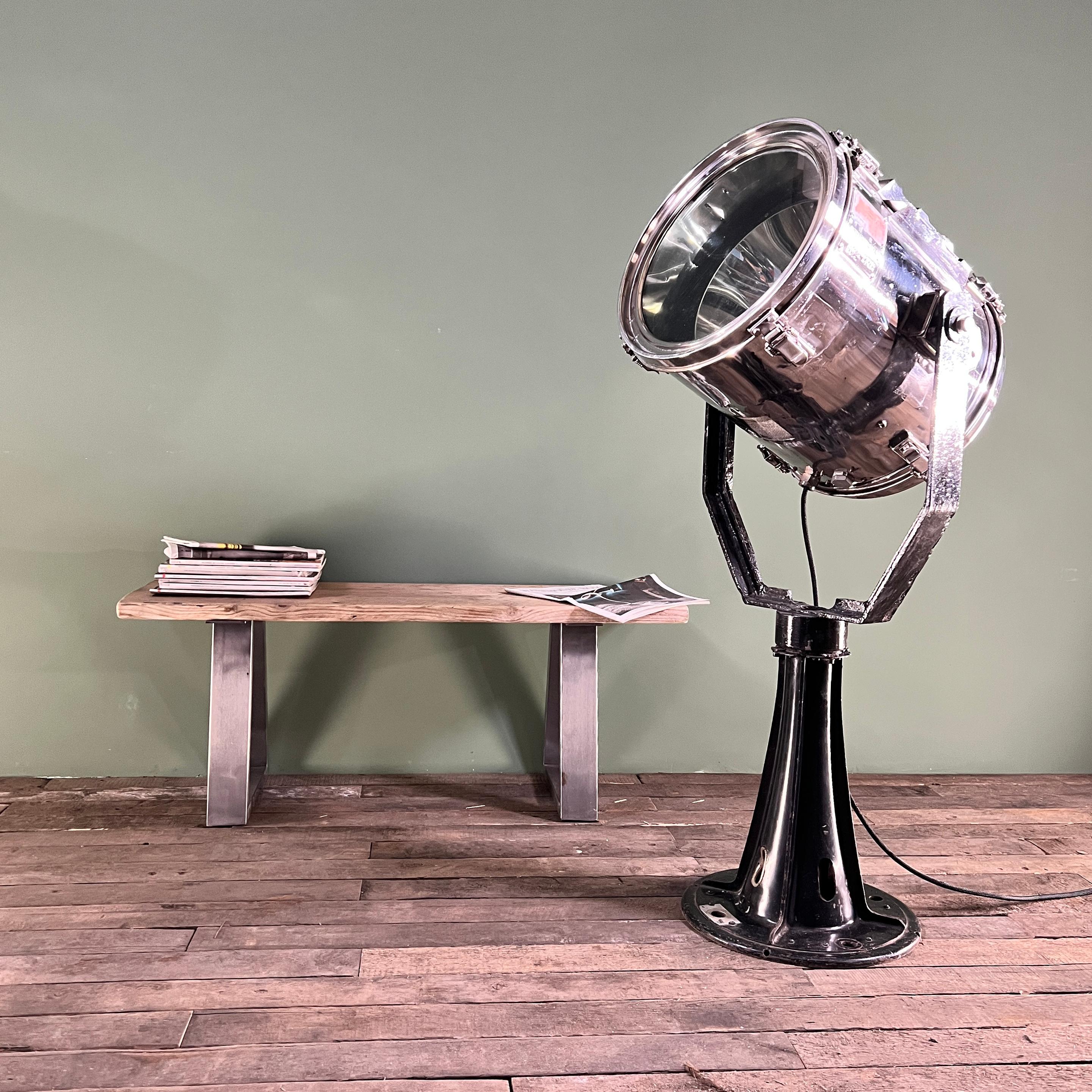 Cast Late Century Japanese Stainless Steel Search Light Floor Lamp For Sale