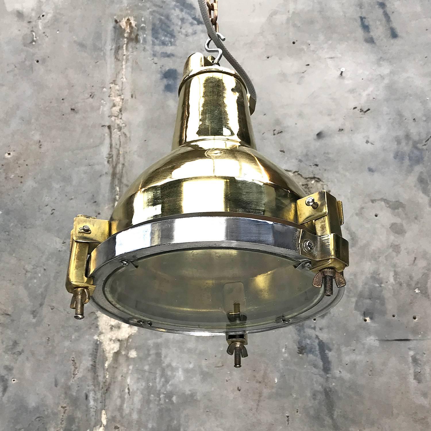 Late Century Korean Industrial Brass, Aluminium and Glass Spot Light Pendant In Excellent Condition In Leicester, Leicestershire