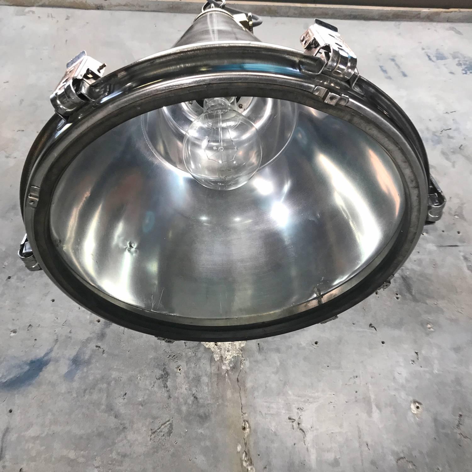 Late Century Korean Stainless Steel, Brass and Glass Conical Flood Light Pendant 4