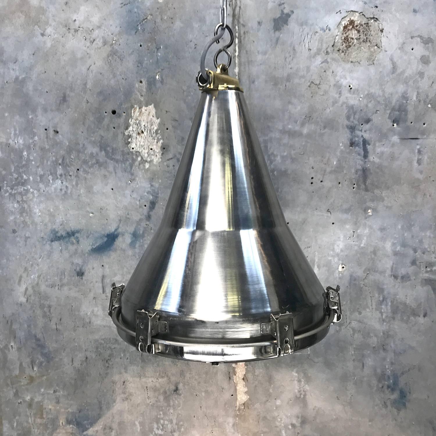Late Century Korean Stainless Steel, Brass and Glass Conical Flood Light Pendant 7