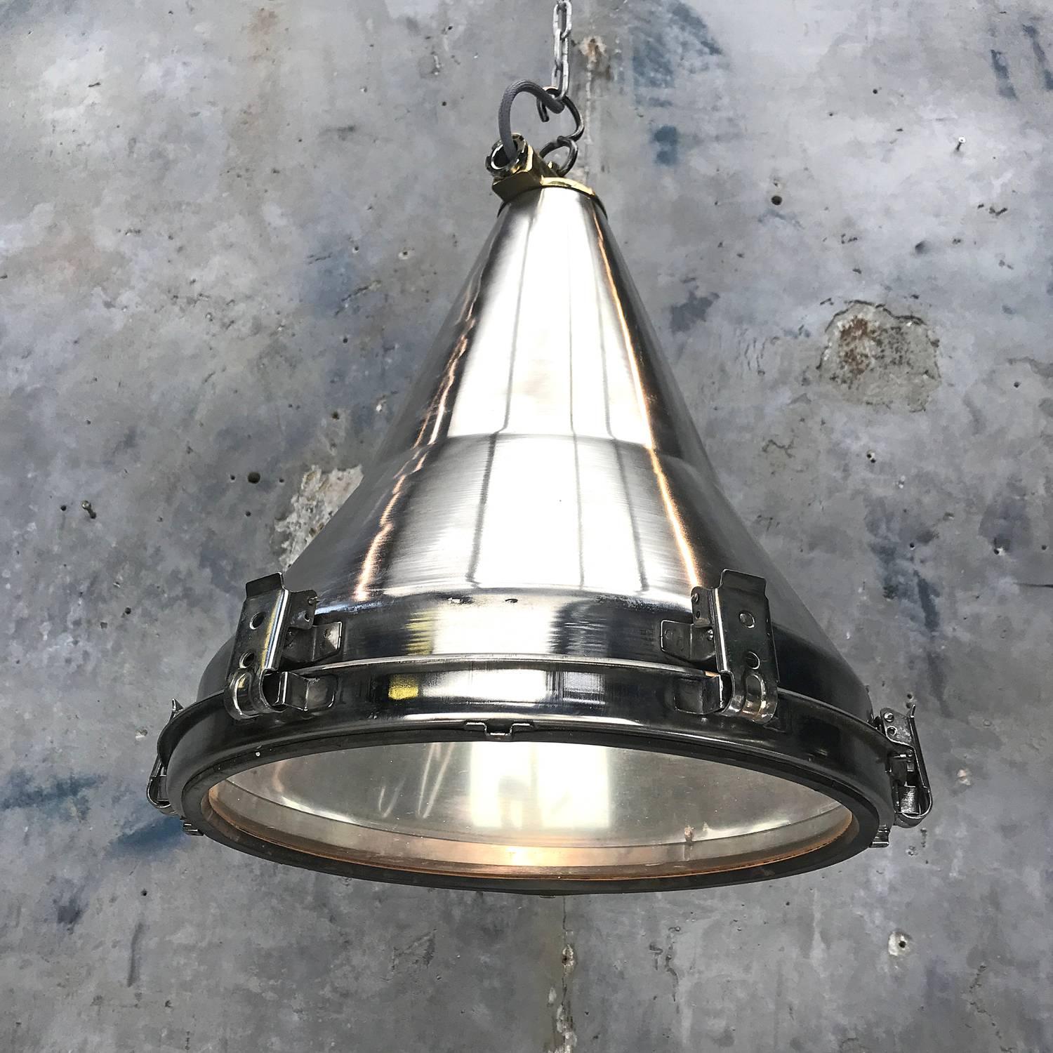 Late Century Korean Stainless Steel, Brass and Glass Conical Flood Light Pendant 8