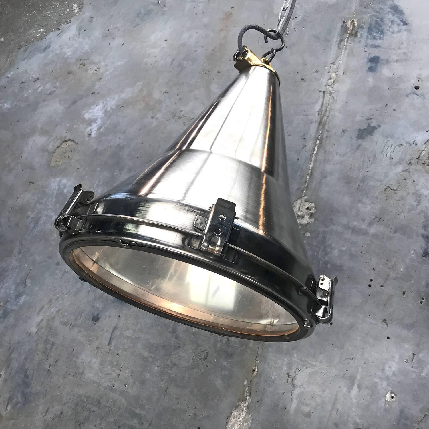 Late Century Korean Stainless Steel, Brass and Glass Conical Flood Light Pendant 9