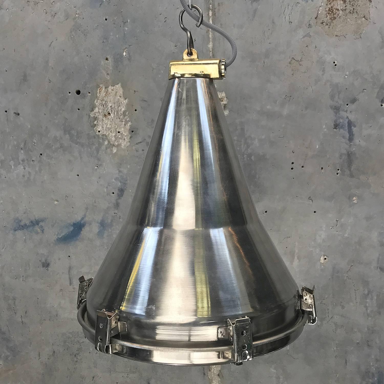 Industrial Late Century Korean Stainless Steel, Brass and Glass Conical Flood Light Pendant