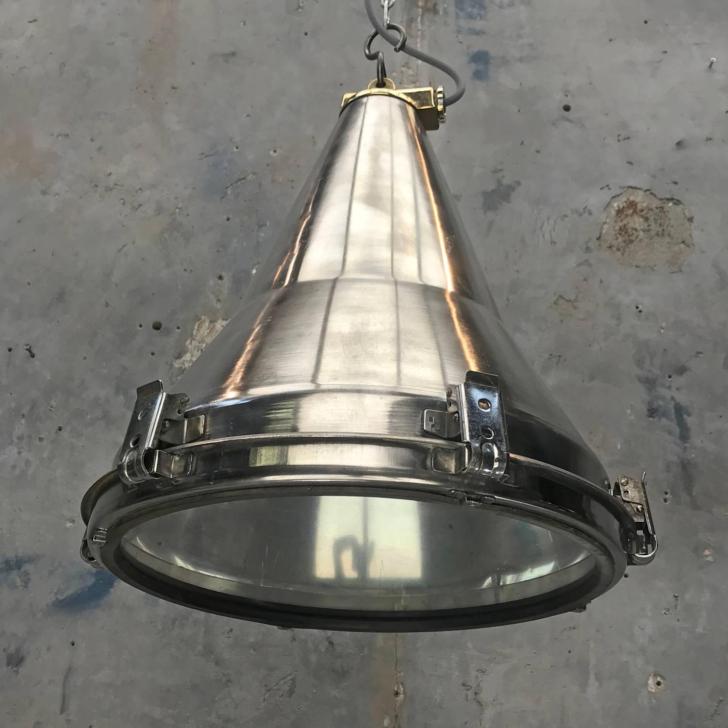 Cast Late Century Korean Stainless Steel, Brass and Glass Conical Flood Light Pendant