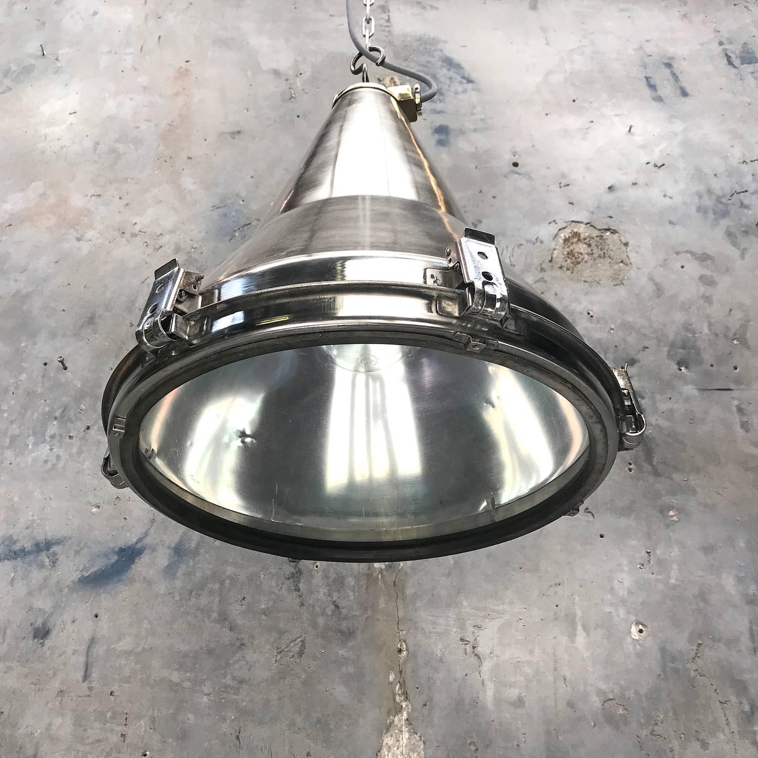 Late Century Korean Stainless Steel, Brass and Glass Conical Flood Light Pendant In Excellent Condition In Leicester, Leicestershire