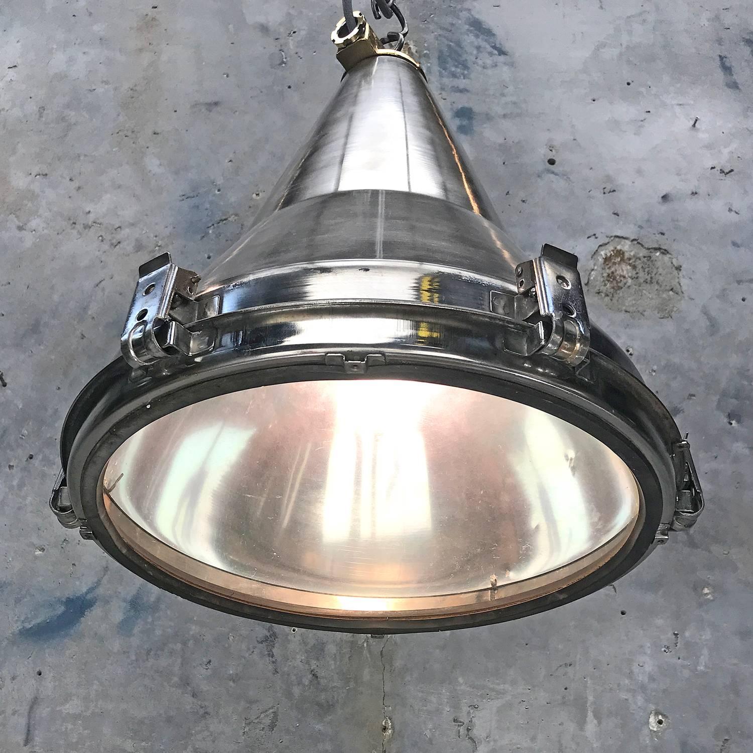 Late Century Korean Stainless Steel, Brass and Glass Conical Flood Light Pendant 1