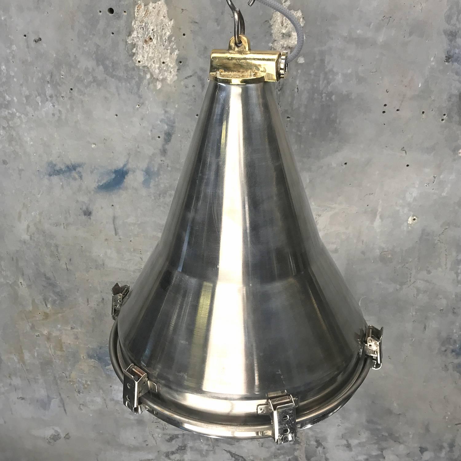Late Century Korean Stainless Steel, Brass and Glass Conical Flood Light Pendant 3