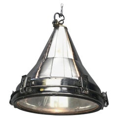 Late Century Korean Stainless Steel, Brass and Glass Conical Flood Light Pendant