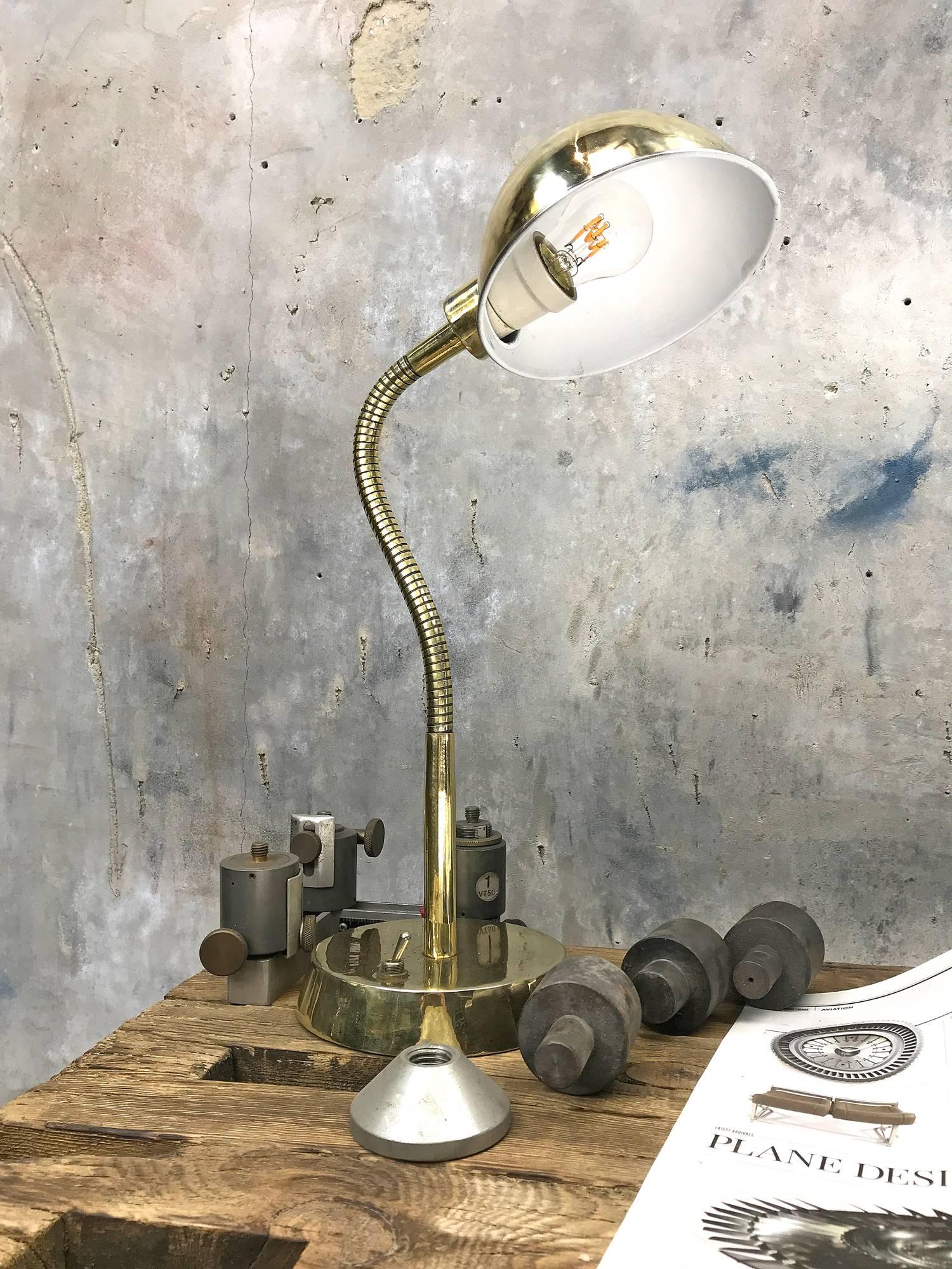 Reclaimed 1970s British made retro desk lamp.

Restored and rewired solid brass goose neck desk lamp fitted with retro LED bulb.

Features the original toggle switch and a very strong adjustable goose neck.

Originally these were nickel-plated