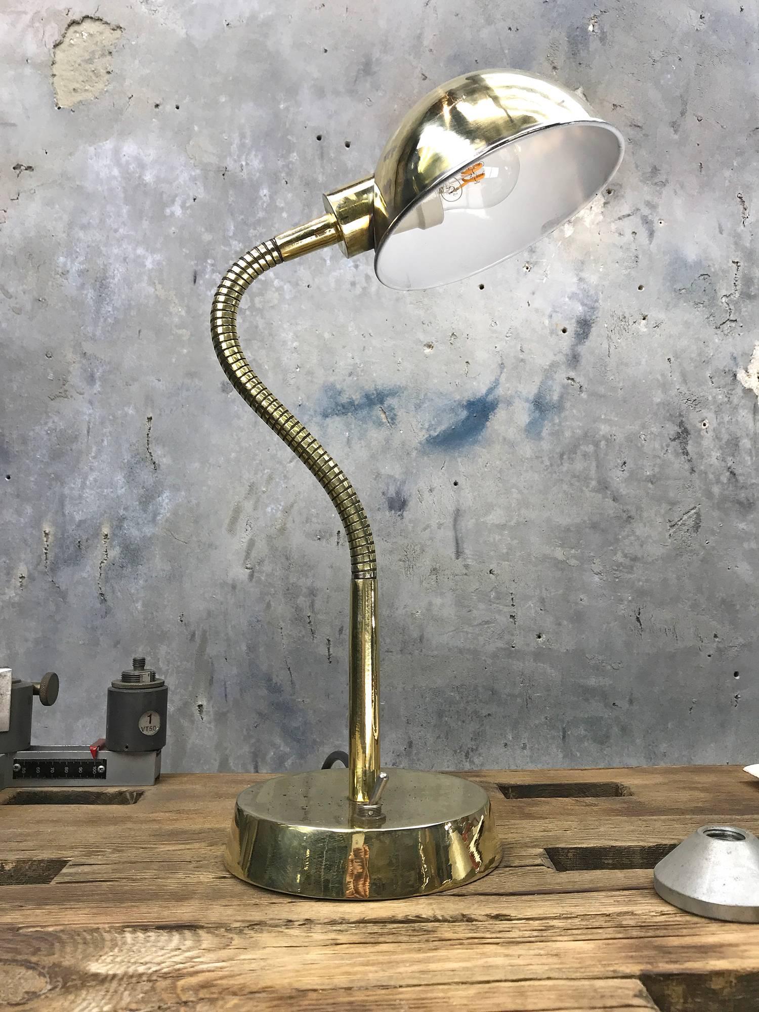 Industrial Late Century Retro British Brass Goose Neck Desk / Table Lamp Adjustable Shade