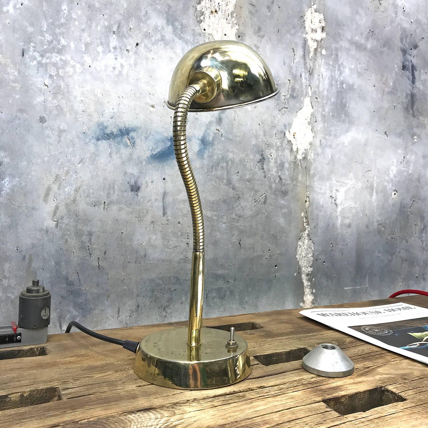 Pressed Late Century Retro British Brass Goose Neck Desk / Table Lamp Adjustable Shade