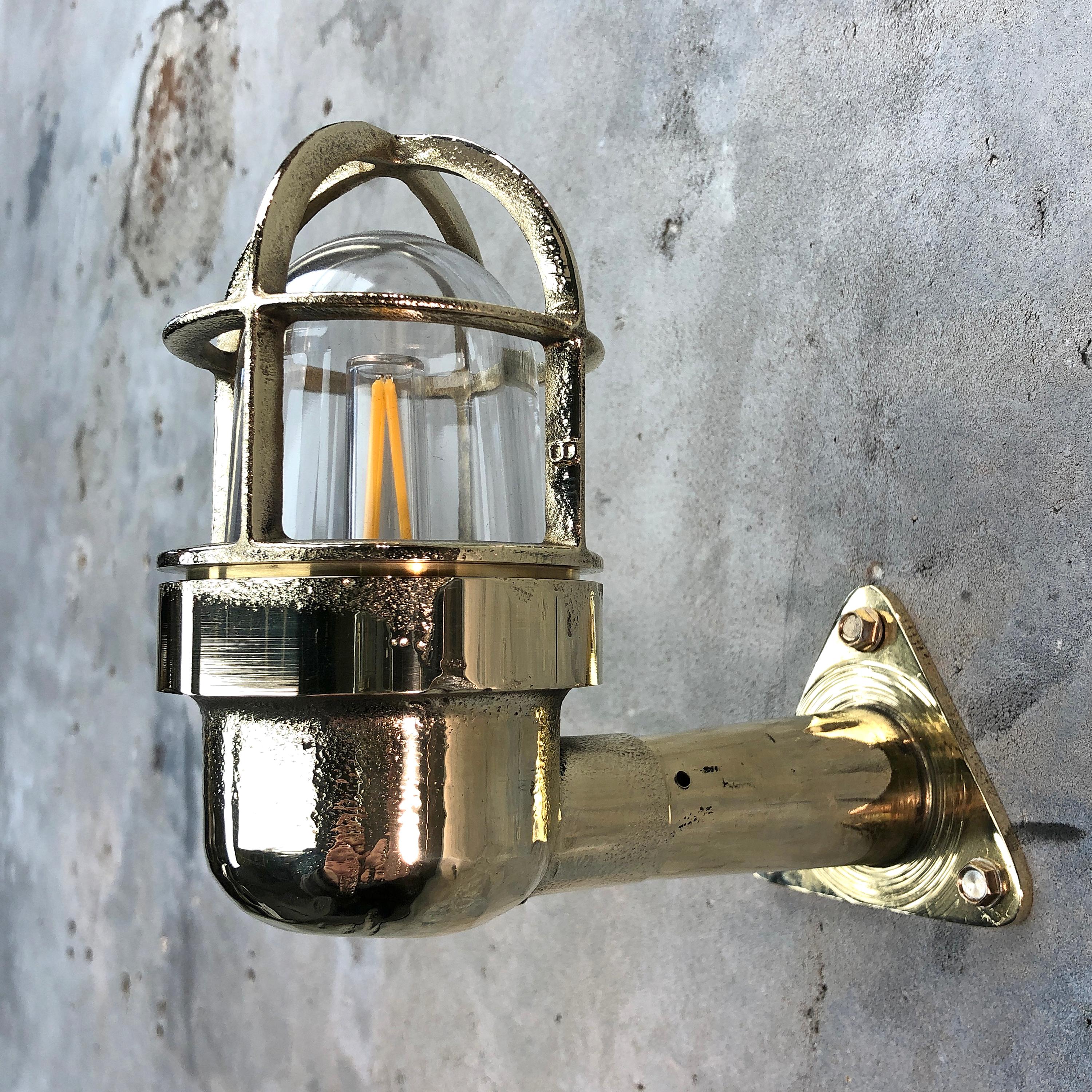 Late Century Small Industrial Brass Wall Light, Glass Dome, Cage, Edison Bulb 1