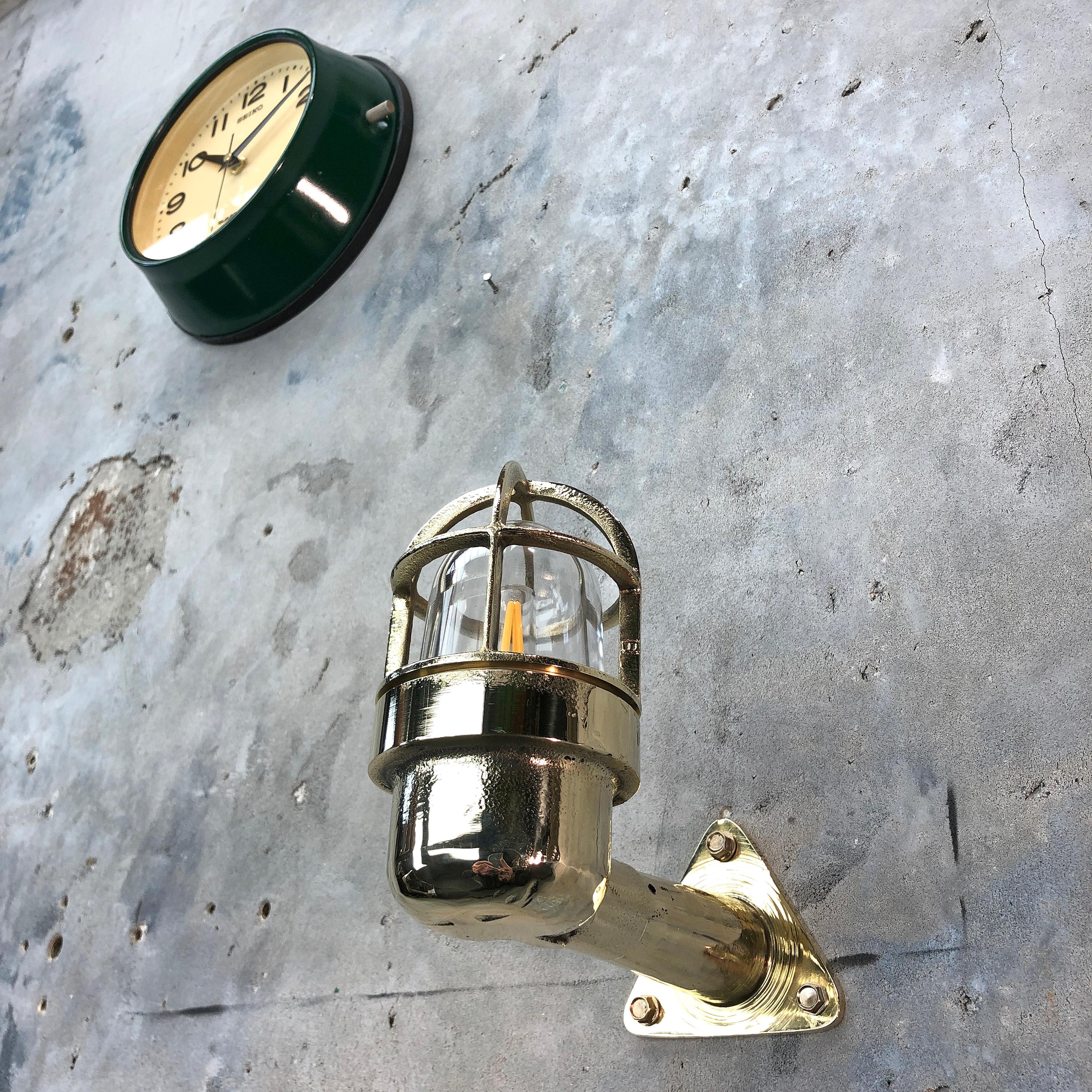 Late Century Small Industrial Brass Wall Light, Glass Dome, Cage, Edison Bulb 2