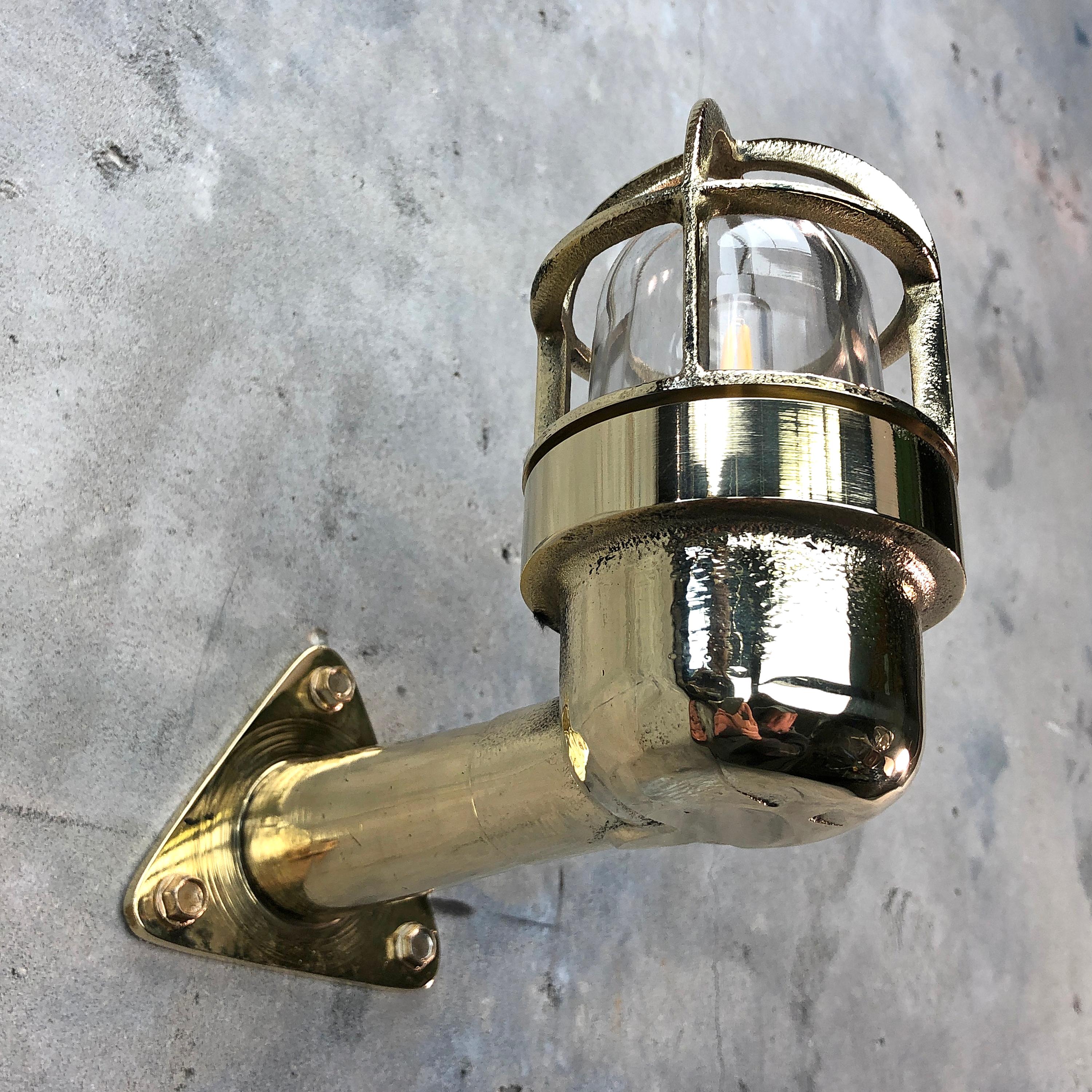 Late Century Small Industrial Brass Wall Light, Glass Dome, Cage, Edison Bulb 5