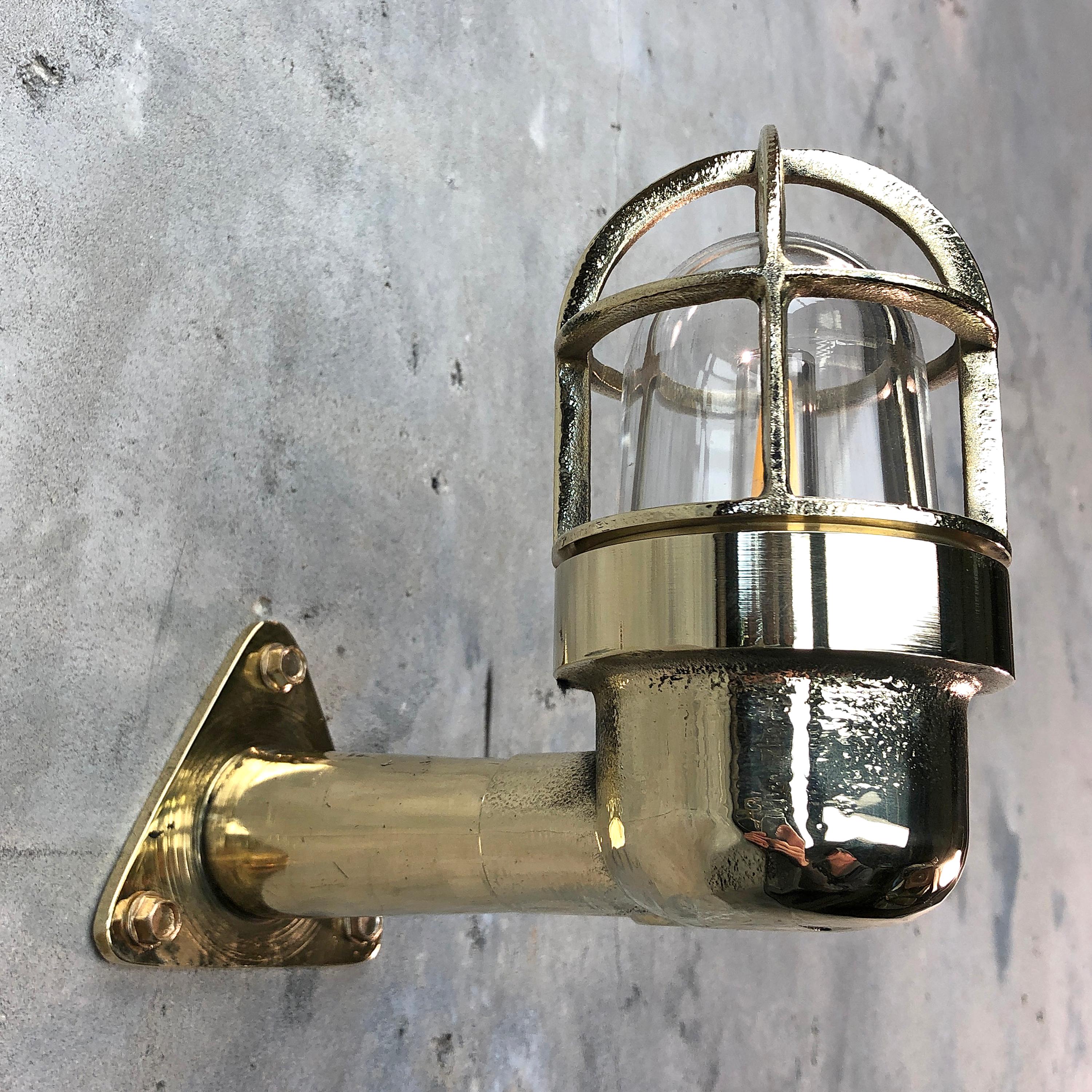 Late Century Small Industrial Brass Wall Light, Glass Dome, Cage, Edison Bulb 6